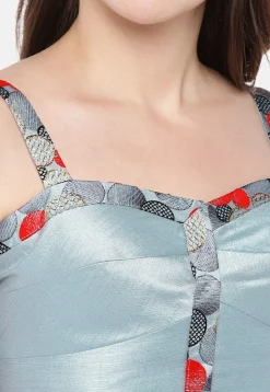 Contrast Border Art Silk Blouse in Sky Blue