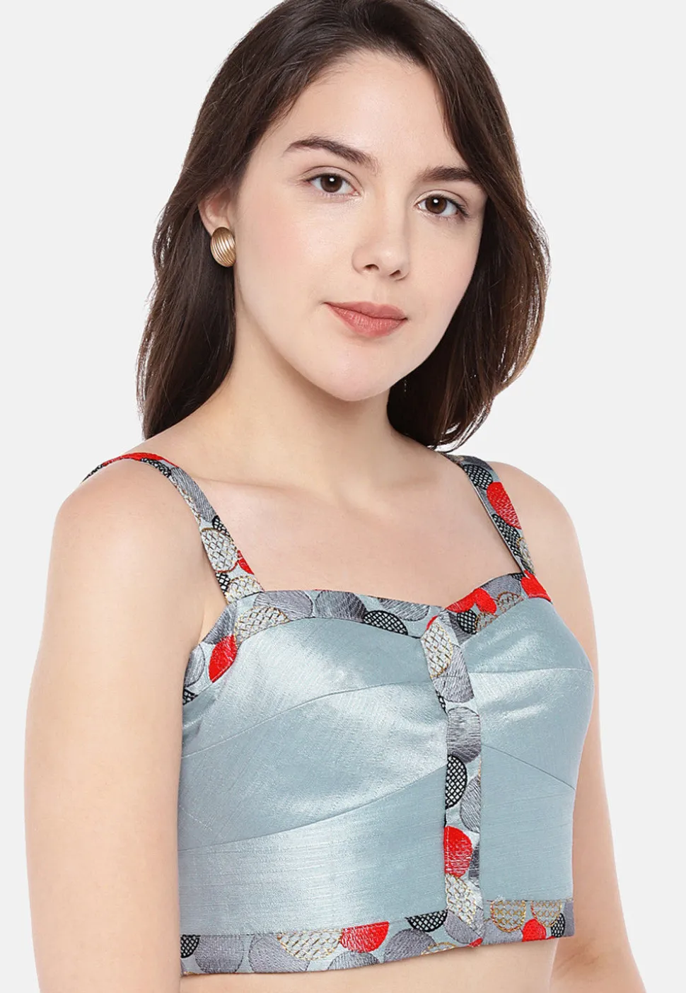Contrast Border Art Silk Blouse in Sky Blue