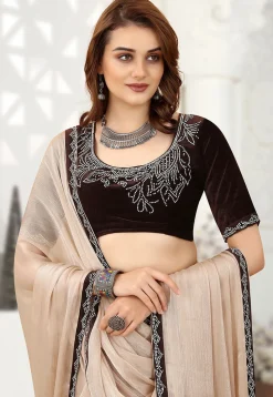 Contrast Border Chiffon Shimmer Saree in Light Beige