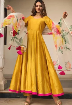 Contrast Border Cotton Silk A Line Suit in Yellow