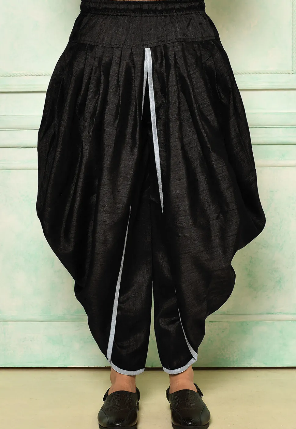 Contrast Border Dupion Silk Rajwara Dhoti Pant in Black