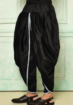 Contrast Border Dupion Silk Rajwara Dhoti Pant in Black