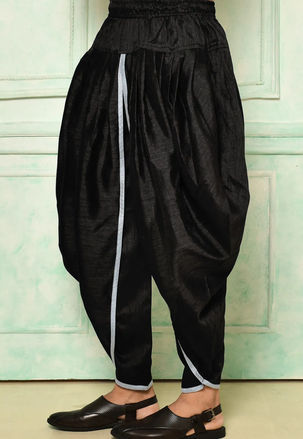 Contrast Border Dupion Silk Rajwara Dhoti Pant in Black
