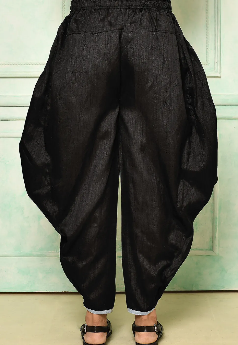 Contrast Border Dupion Silk Rajwara Dhoti Pant in Black
