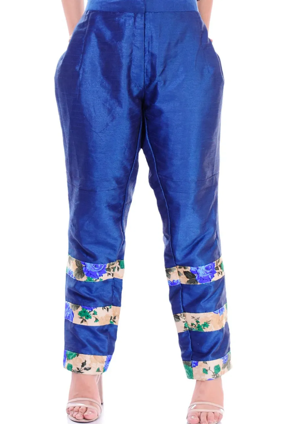 Contrast Border Dupion Silk Straight Pant in Royal Blue