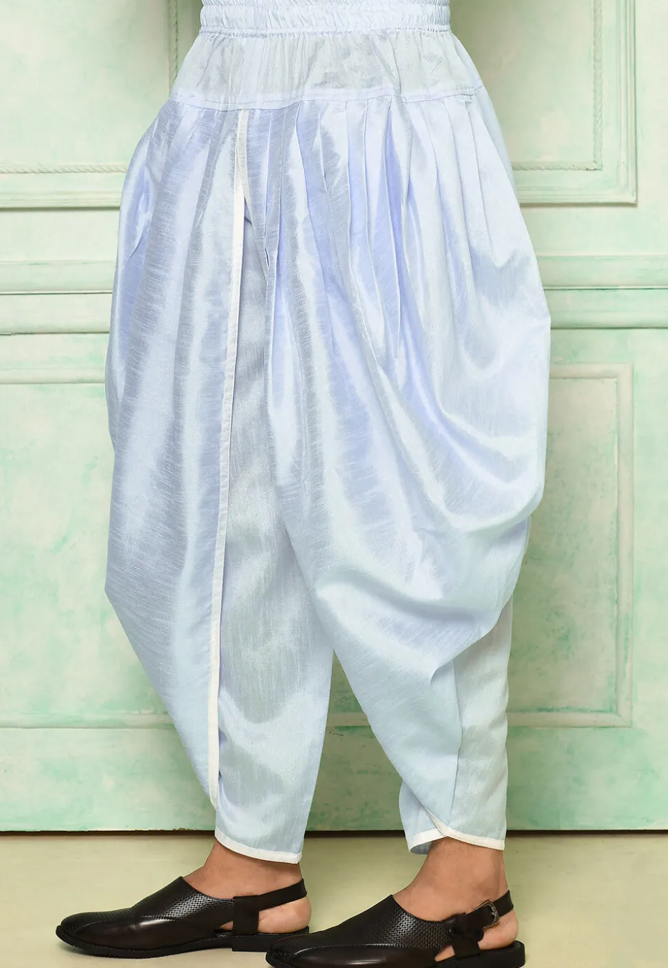Contrast Border Dupion Silk Rajwara Dhoti Pant in Sky Blue