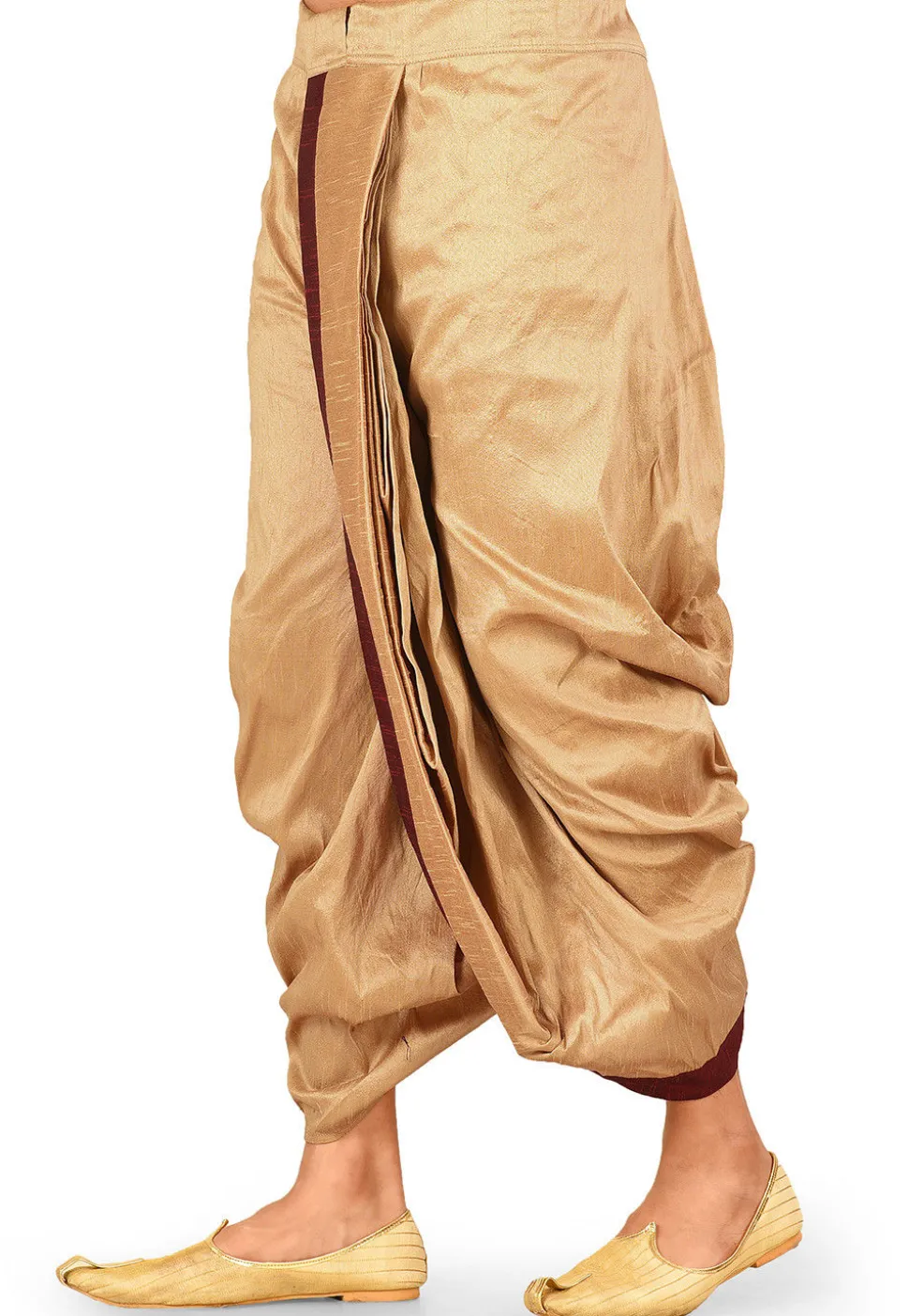 Contrast Border Dupion Silk Dhoti in Dark Beige