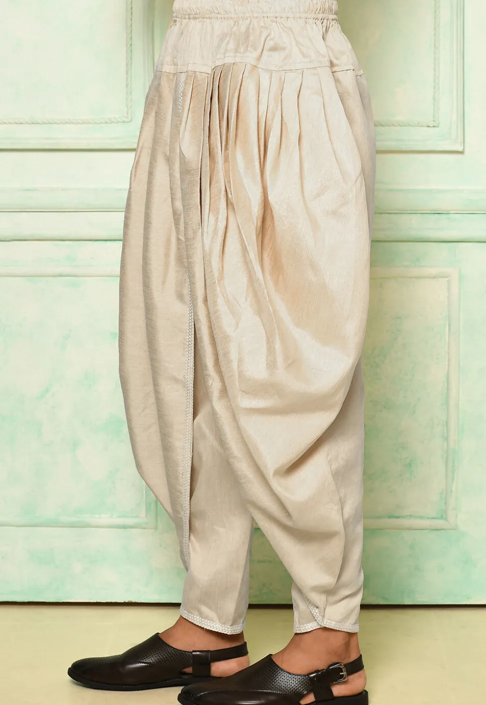 Contrast Border Dupion Silk Rajwara Dhoti Pant in Light Beige
