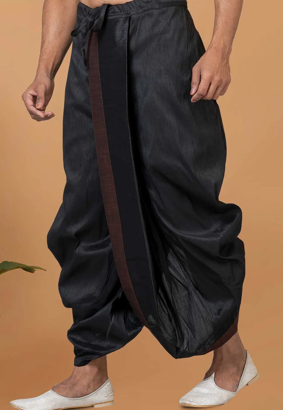 Contrast Border Dupion Silk Dhoti Pant in Black