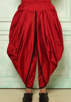 Contrast Border Dupion Silk Rajwara Dhoti Pant in Red