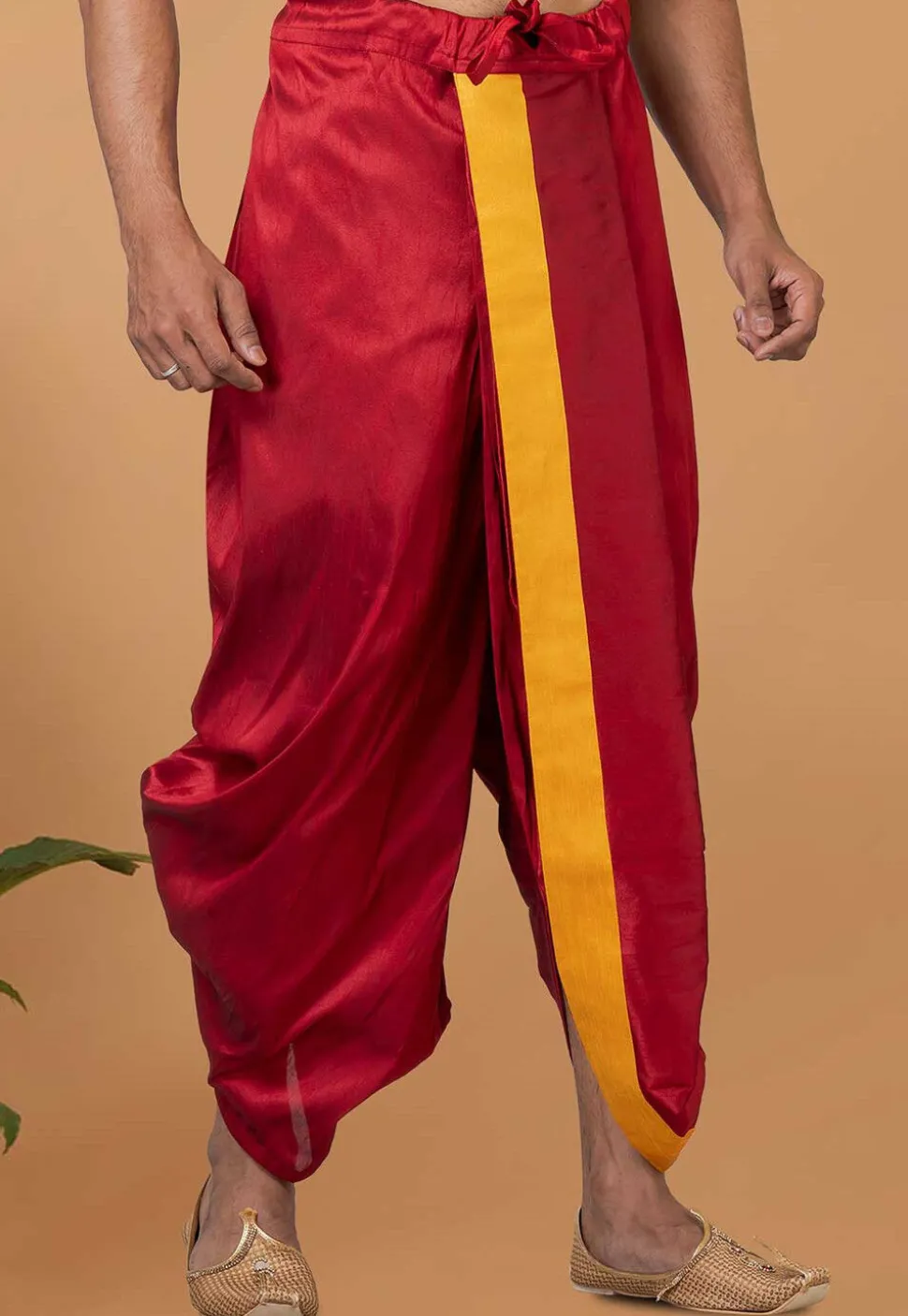 Contrast Border Dupion Silk Dhoti Pant in Red