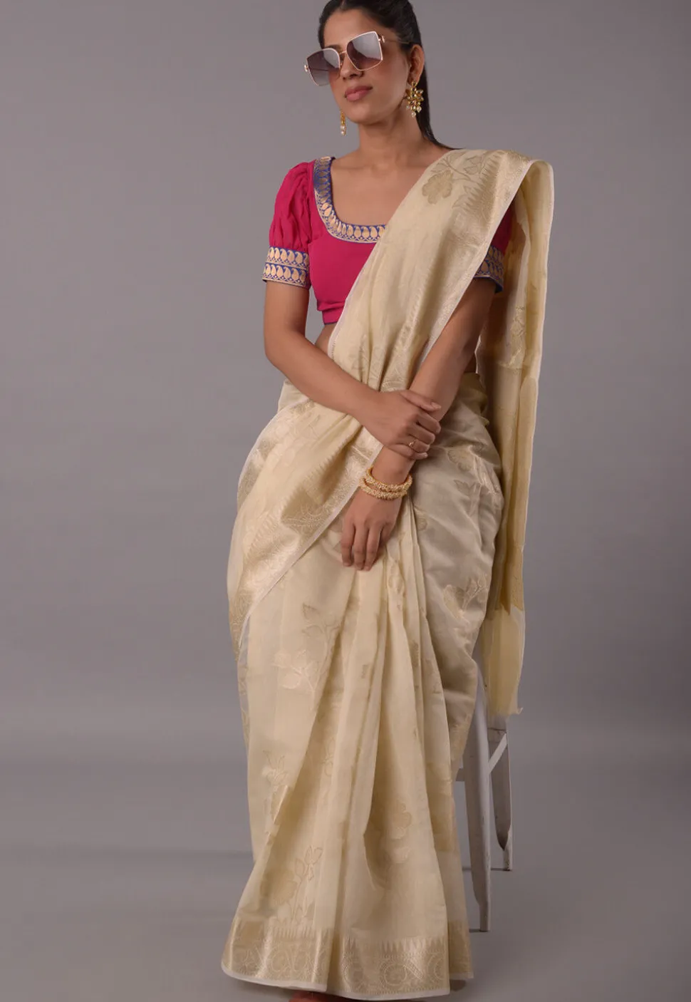 Contrast Border Georgette Blouse in Magenta