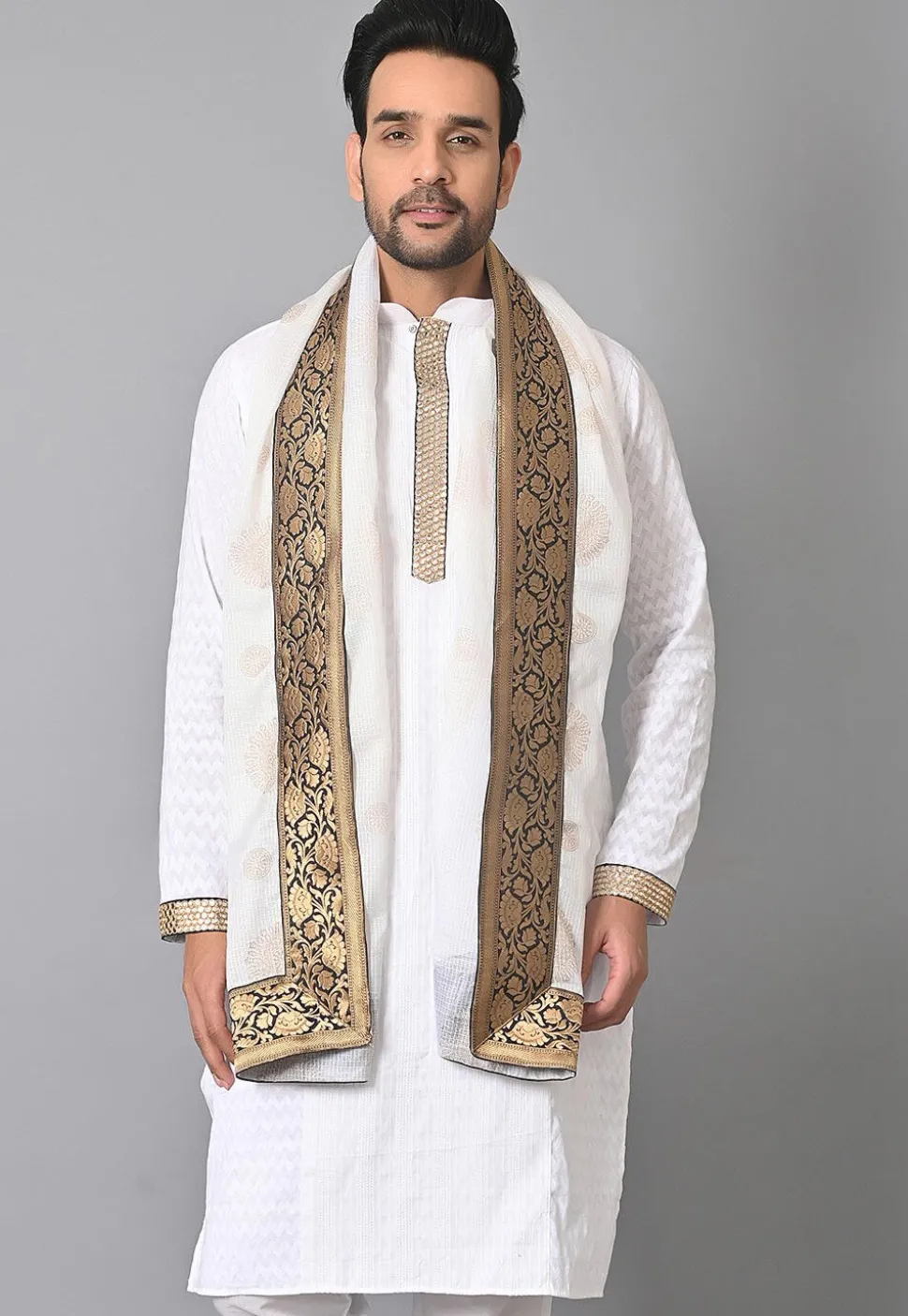 Contrast Border Kota Silk Dupatta in Off White
