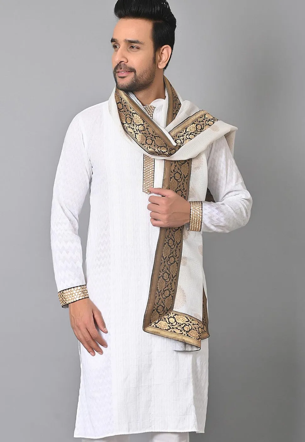 Contrast Border Kota Silk Dupatta in Off White