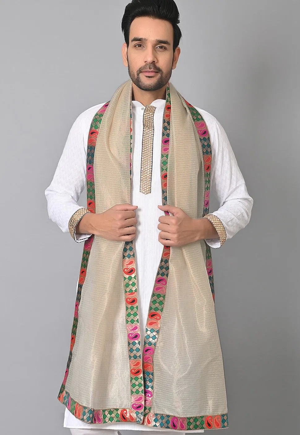 Contrast Border Kota Silk Dupatta in Off White