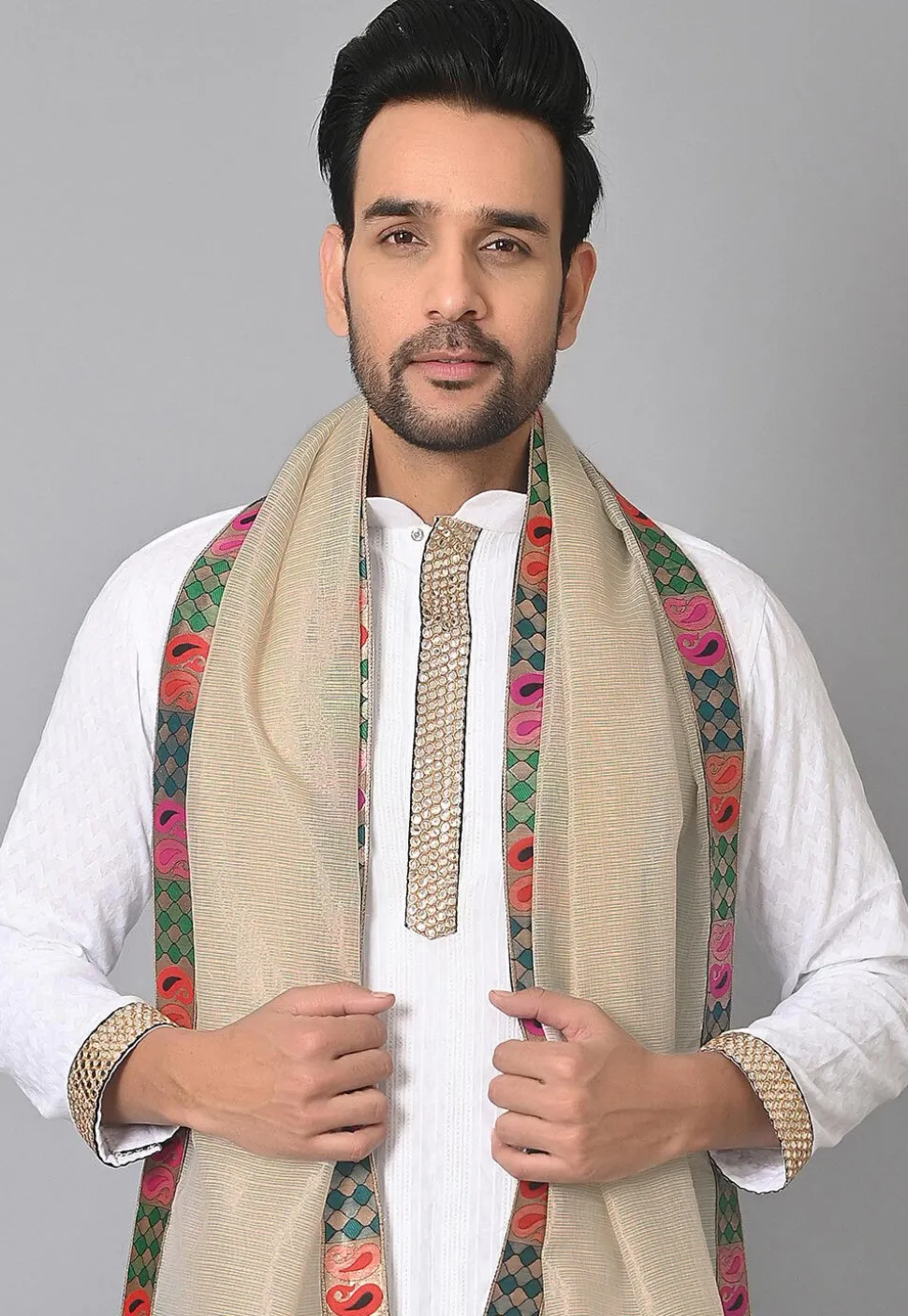 Contrast Border Kota Silk Dupatta in Off White