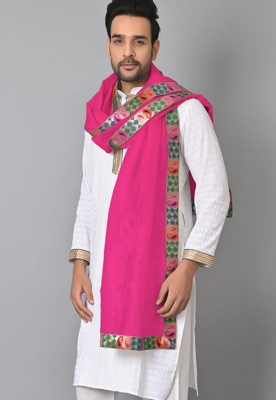 Contrast Border Pure Kota Tissue Men Dupatta in Fuchsia