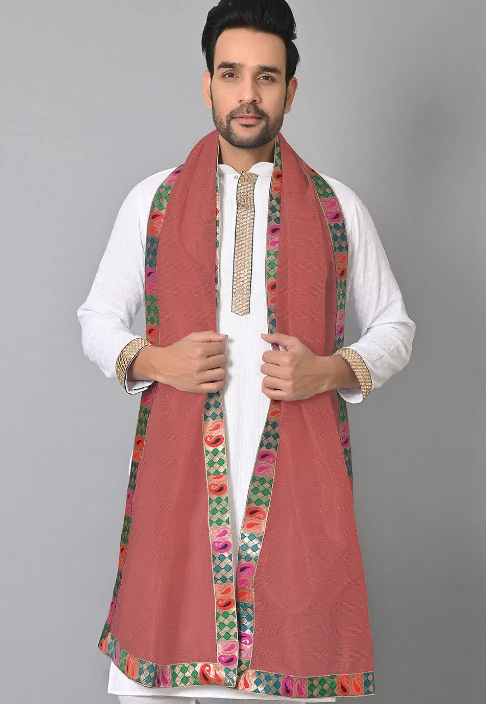 Contrast Border Pure Kota Tissue Men Dupatta in Peach