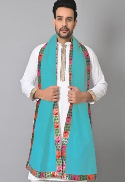Contrast Border Pure Kota Tissue Men Dupatta in Turquoise