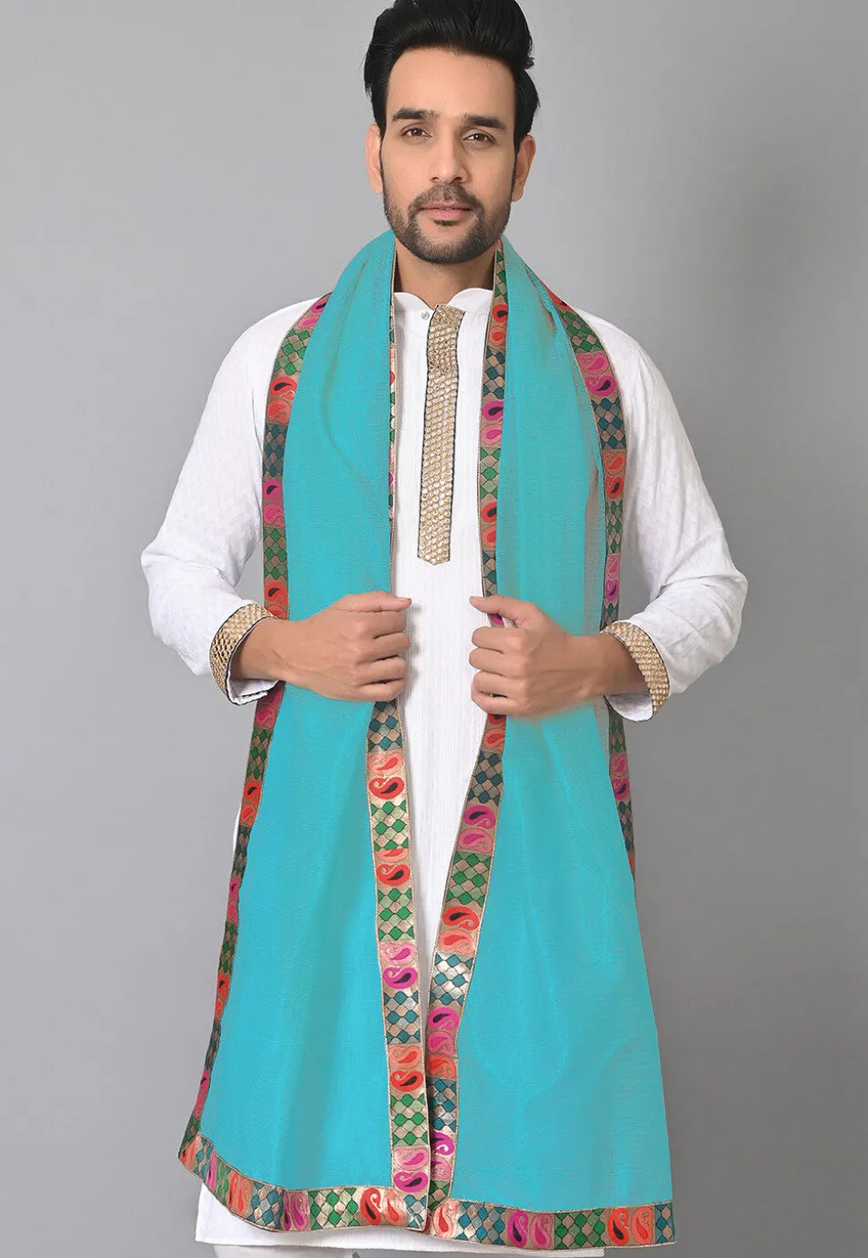 Contrast Border Pure Kota Tissue Men Dupatta in Turquoise