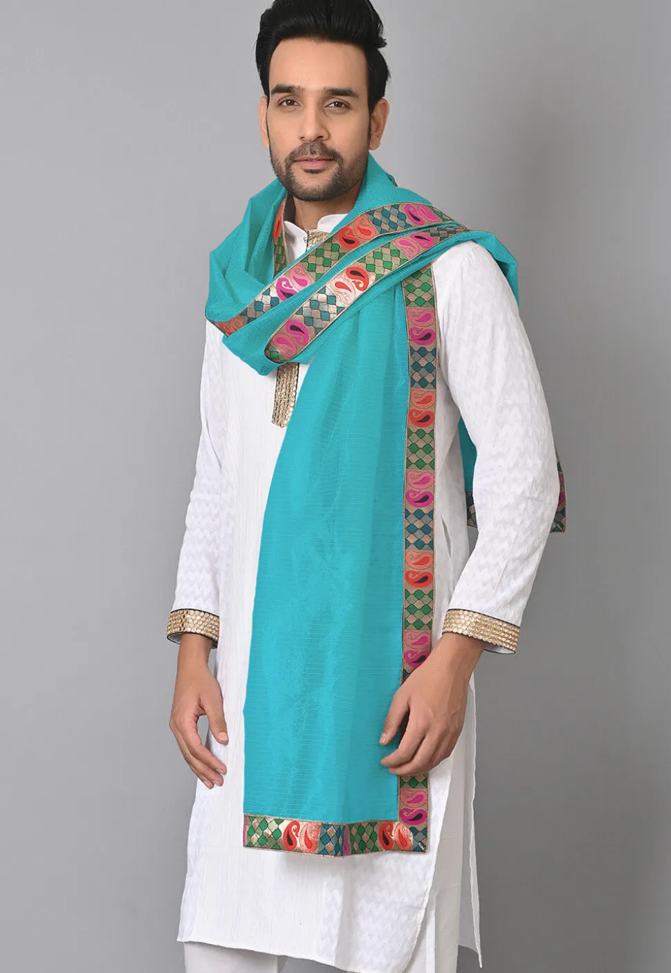 Contrast Border Pure Kota Tissue Men Dupatta in Turquoise