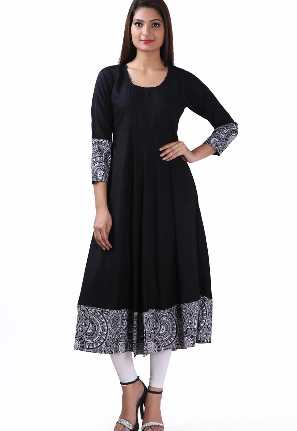 Contrast Border Rayon Flared Kurta in Black