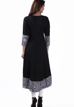 Contrast Border Rayon Flared Kurta in Black