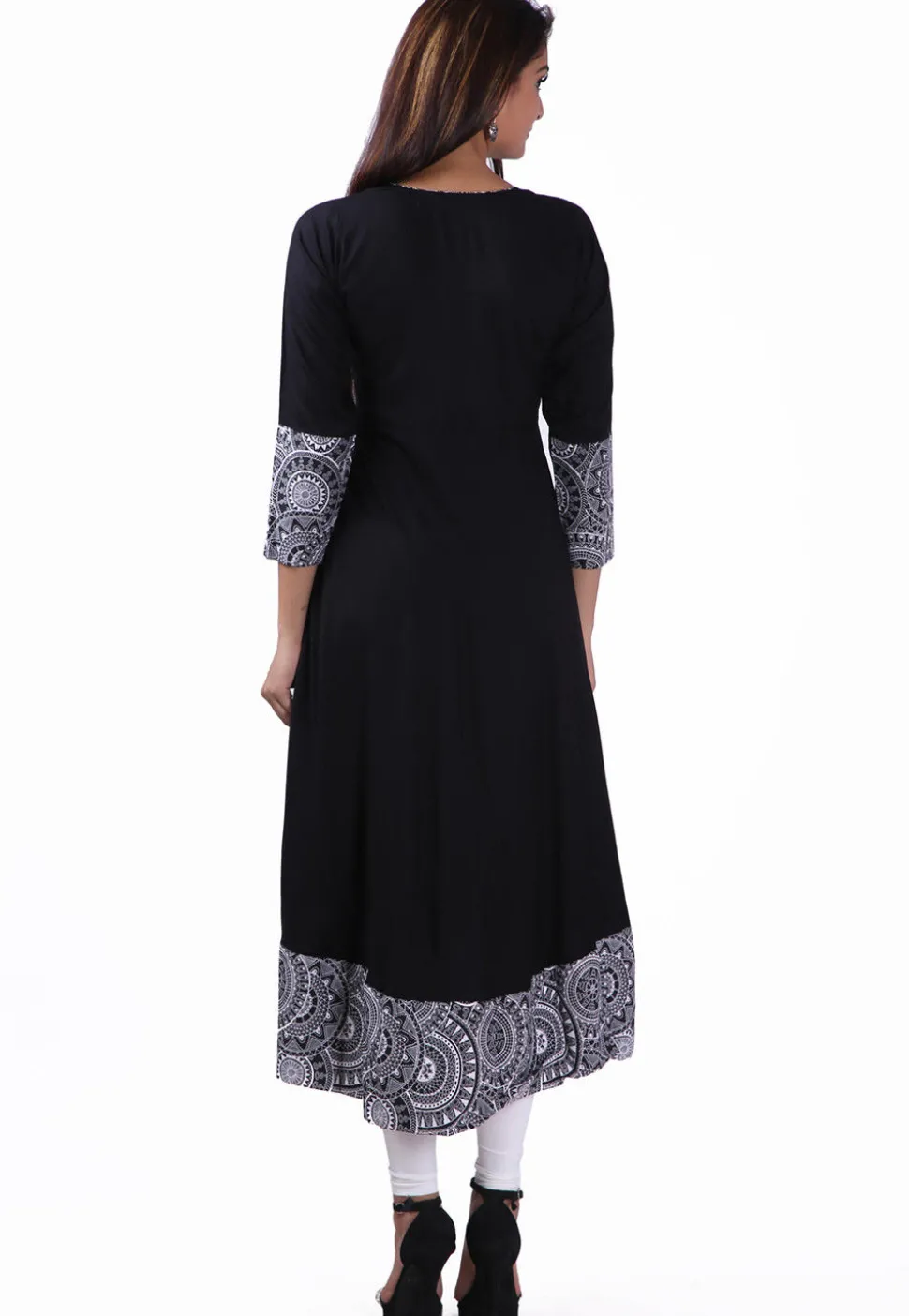 Contrast Border Rayon Flared Kurta in Black