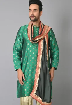 Contrast Border Satin Dupatta in Dark Green