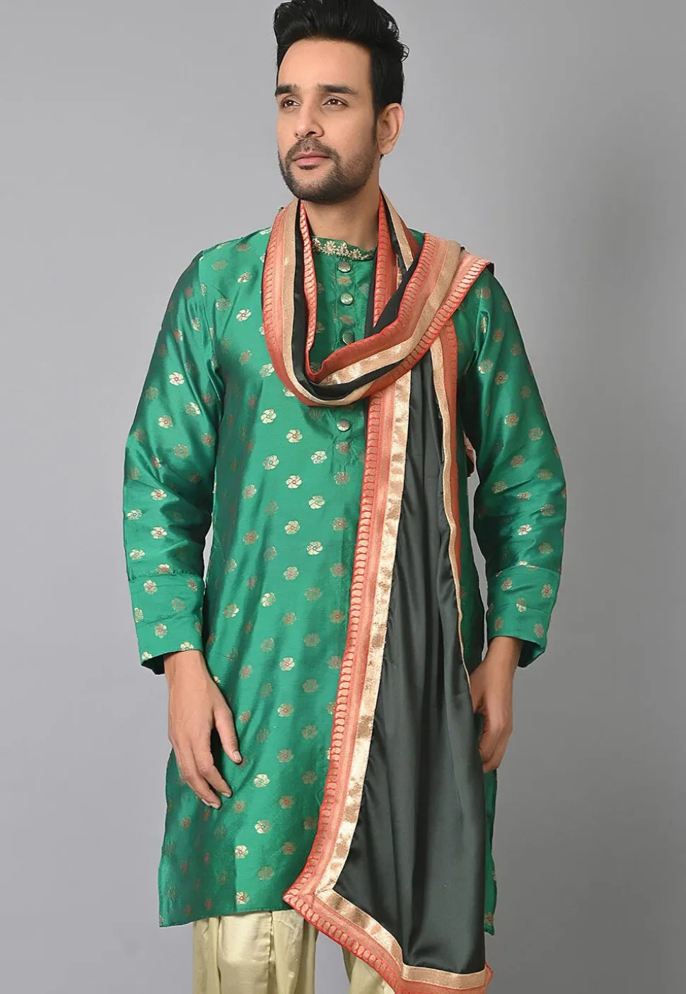 Contrast Border Satin Dupatta in Dark Green