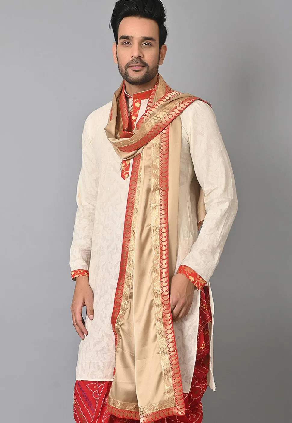 Contrast Border Satin Dupatta in Beige