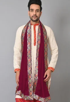 Contrast Border Satin Men Dupatta in Maroon