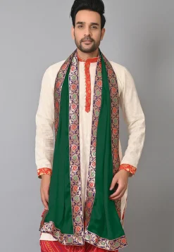 Contrast Border Satin Mens Dupatta in Dark Green
