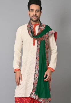 Contrast Border Satin Mens Dupatta in Dark Green