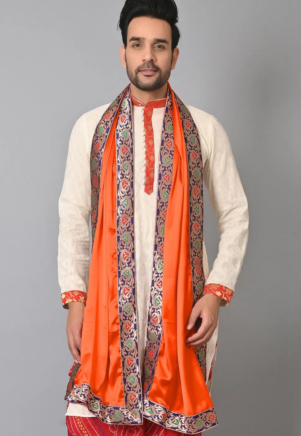 Contrast Border Satin Men Dupatta in Orange