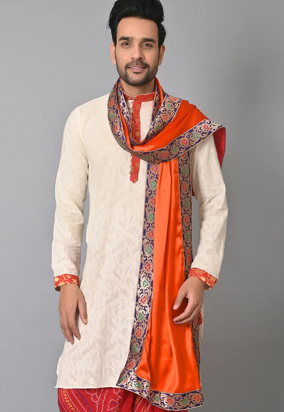 Contrast Border Satin Men Dupatta in Orange