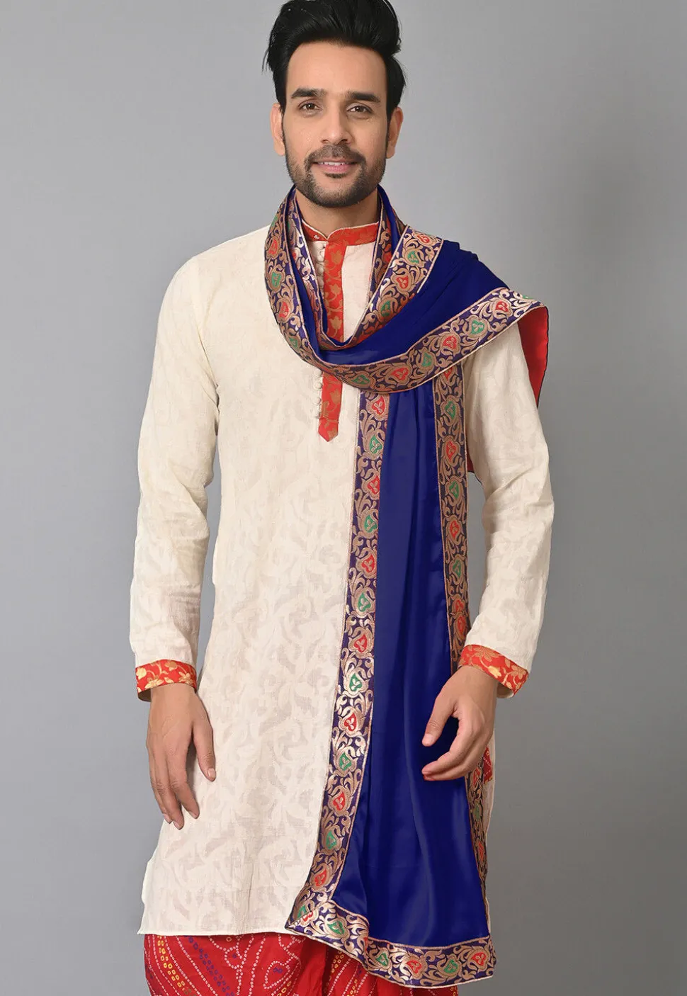 Contrast Border Satin Men Dupatta in Navy Blue
