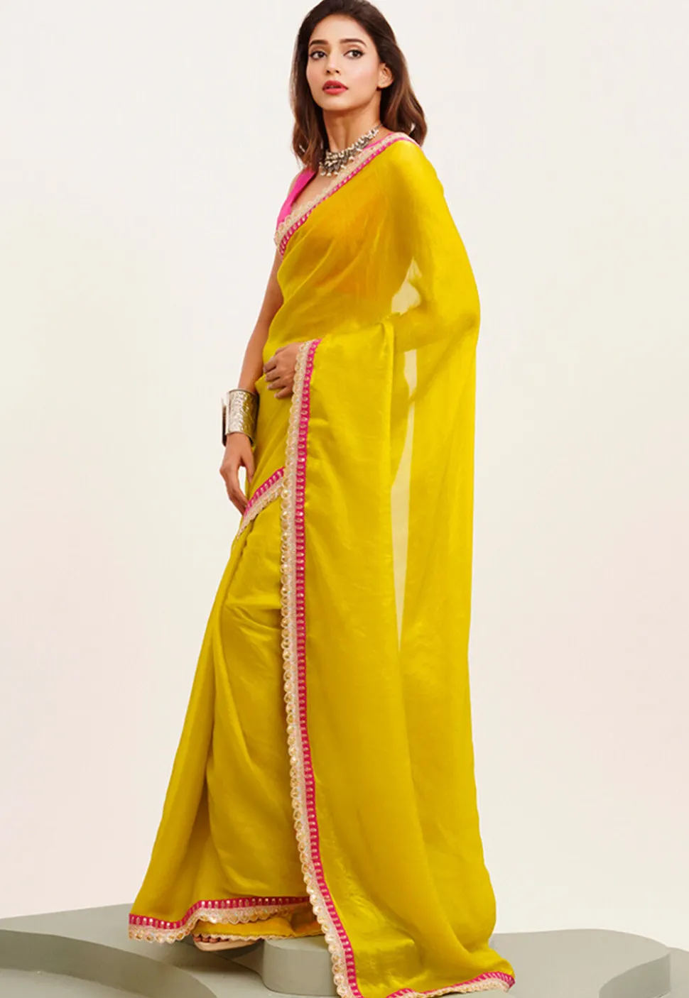 Contrast Border Tissue Silk Saree in Yellow