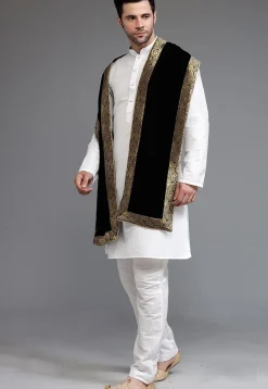 Contrast Border Velvet Mens Dupatta in Black