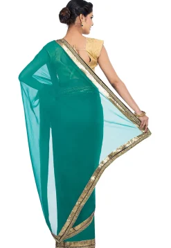 Contrast Border Viscose Georgette Saree in Teal Green