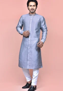 Contrast Collar Dupion Silk Sherwani in Pastel Blue