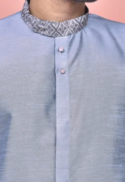 Contrast Collar Dupion Silk Sherwani in Pastel Blue
