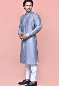 Contrast Collar Dupion Silk Sherwani in Pastel Blue