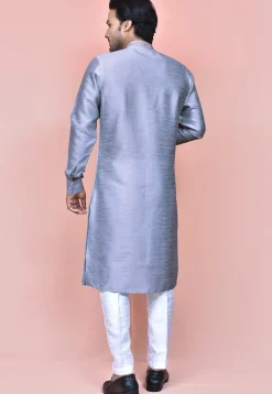 Contrast Collar Dupion Silk Sherwani in Pastel Blue