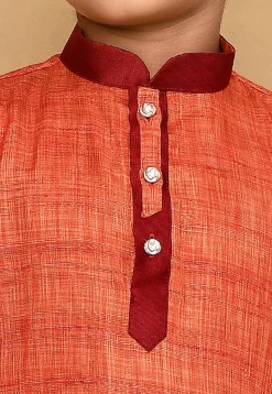 Contrast Collar Jute Cotton Kurta Set in Orange