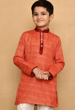 Contrast Collar Jute Cotton Kurta in Orange