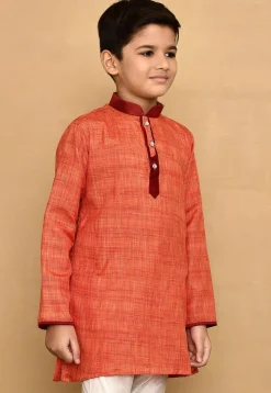 Contrast Collar Jute Cotton Kurta in Orange