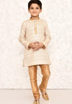 Contrast Collar Jute Cotton Kurta in Beige