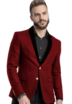 Contrast Collar Velvet Blazer in Maroon