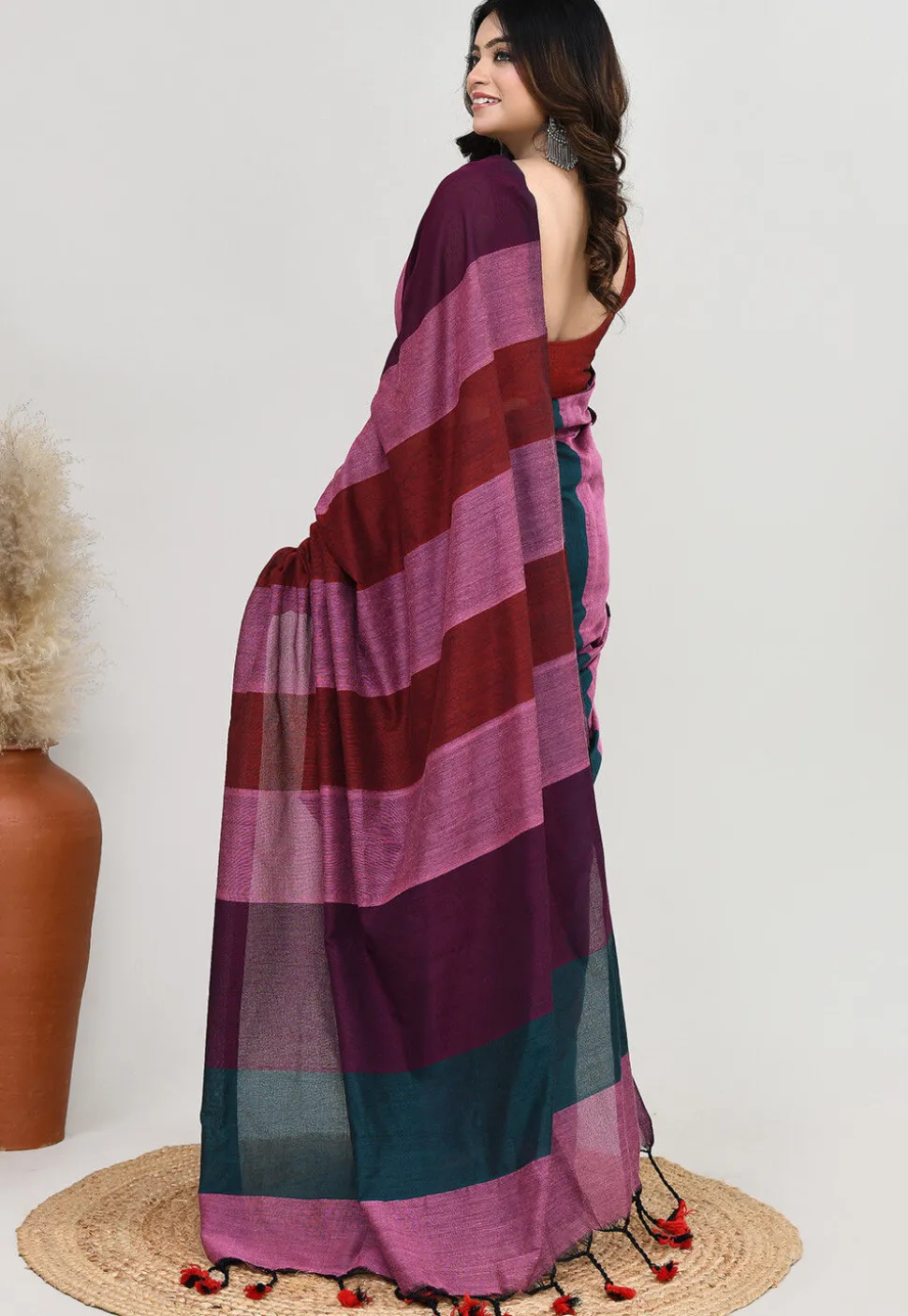 Contrast Cotton Saree in Multicolor